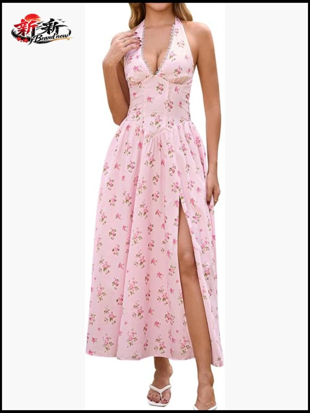 Floral Halter Midi Dress with Slit and Smocked Back